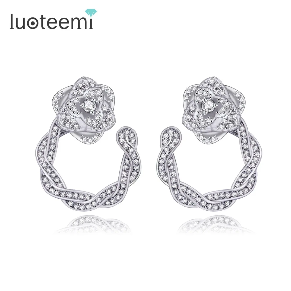 

LUOTEEMI Full Tiny Sparkling CZ Diamond Rose Flower Stud For Women Luxury Big Zircon Earrings