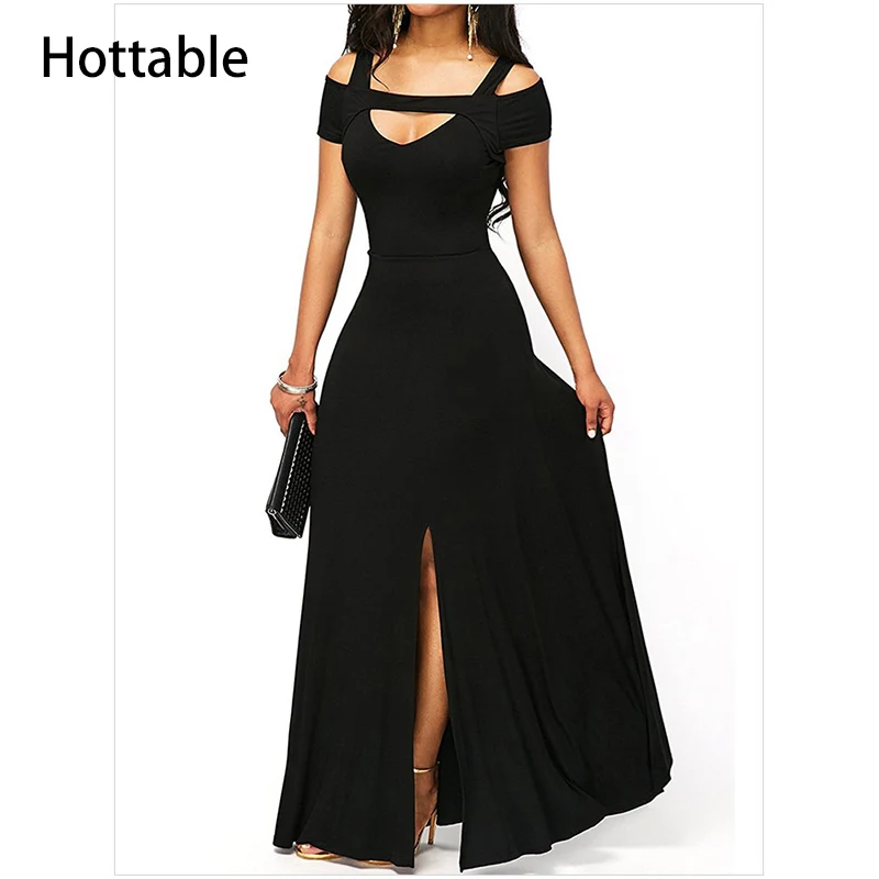 

2020 Women Elegant V-neck Cold Shoulder Maxi Dress Solid High Waist Front Slit Big Hem Party Dresses Lady Floor-length Vestidos