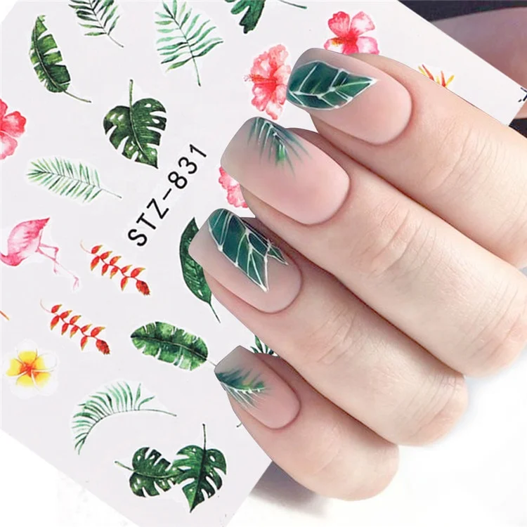 

1pcs Water Nail Decal and Sticker Flower Leaf Tree Green Simple Summer Slider for Manicure Nail Art Watermark Tips