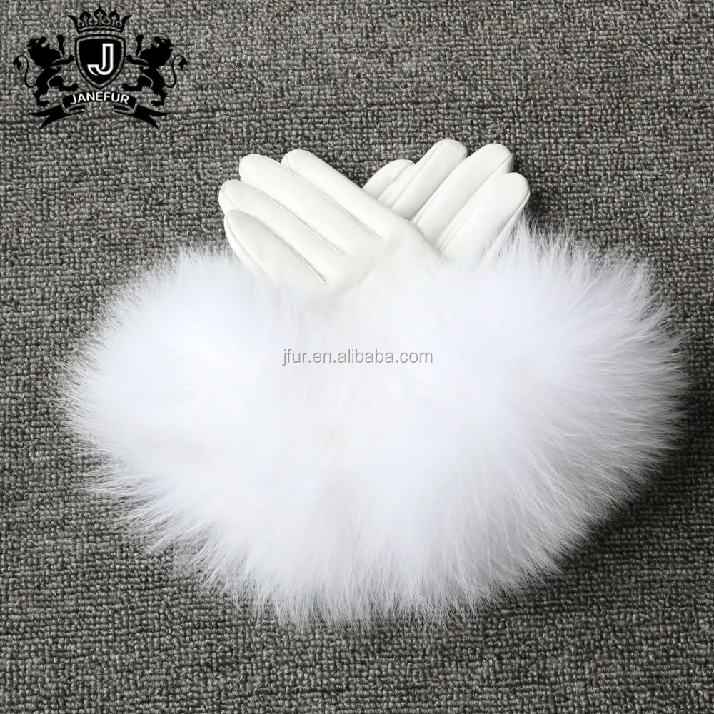 Good Price fox Fur Cuff Sheepskin Leather Winter Gloves for Women Fashion Red Ladies Leather Gloves Women With Wool Lining