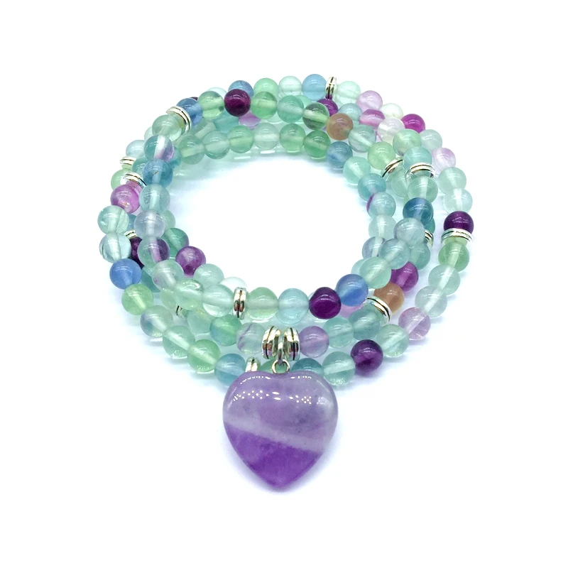 

Natural Stone Beads Bracelet Elastic Mala Woman Bangle With Heart Charm Pendant For Drop Shipping, Red blue pink purple etc