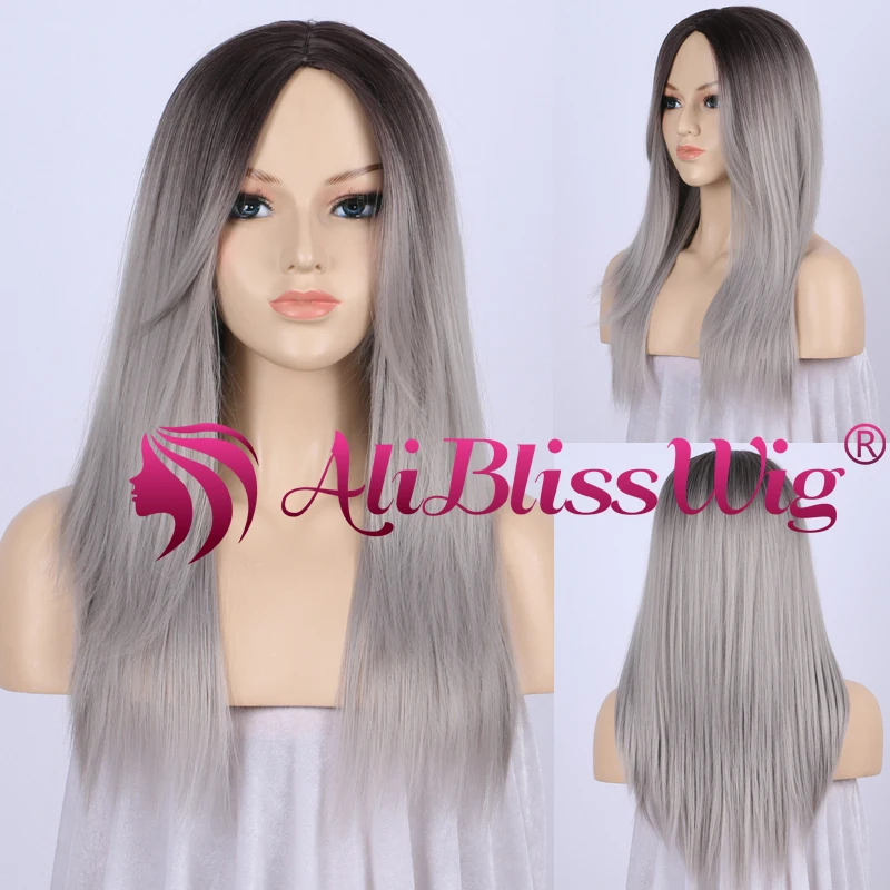 

Free Shipping Middle Parting Straight Brown Roots Two Tone Ombre Grey Machine Made None Lace Synthetic Natural Scalp Wig