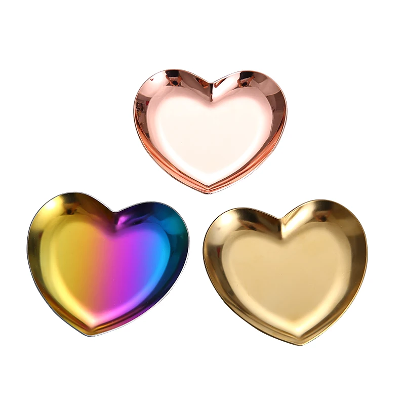 golden plated Stainless Steel Heart-Shaped Jewelry Tray Dish Cute Creative Mini Ring Necklace Display Plate