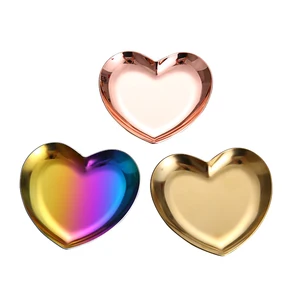 Image of golden plated Stainless Steel Heart-Shaped Jewelry Tray Dish Cute Creative Mini Ring Necklace Display Plate