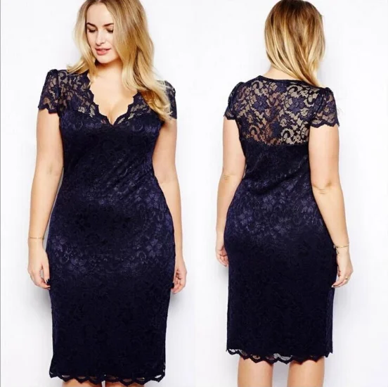 
Plus Big Large Size 5XL Vestidos Scalloped V-neck Lace Career Office Ladies Midi Party Dress 