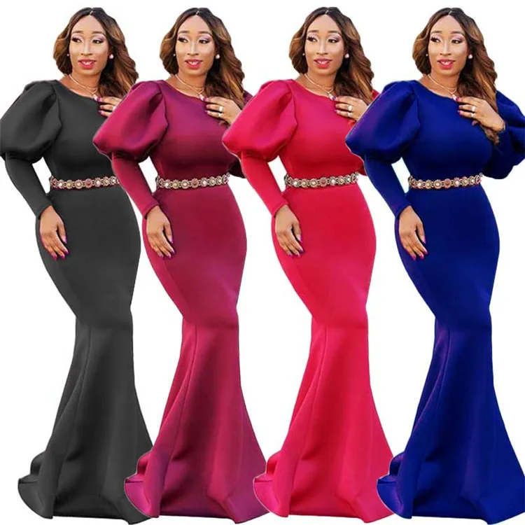 

YQ584 free shipping plain color fish cut puff sleeve long bodycon elegant lady evening casual dress, As shown