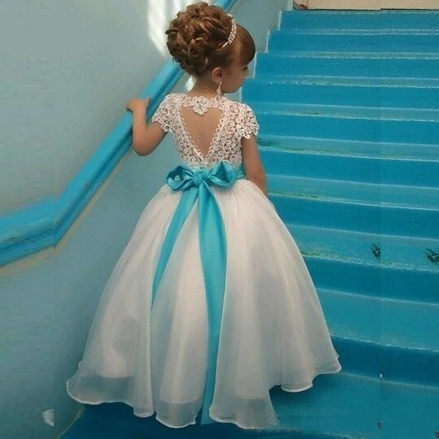 

Sweetheart Back Lace Princess Ball Gown cheap customized short sleeve wedding kids Flower Girl Dresses MFA300
