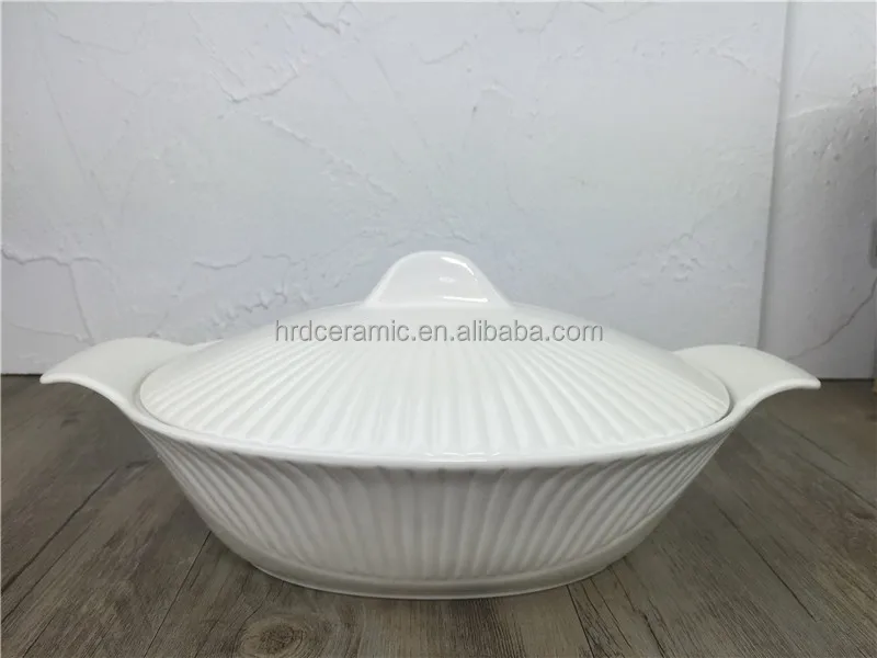 
China Factory Wholesale White Ceramic Soup Pot with Lid and Handle 