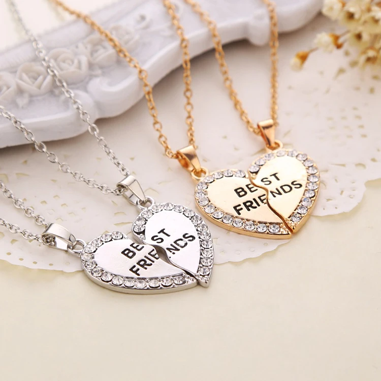 

Best Friends Pendant Necklaces Heart Shape BFF necklaces Rhinestone Gold Silver Half Half Gift For Friends Friendship Jewelry, Picture