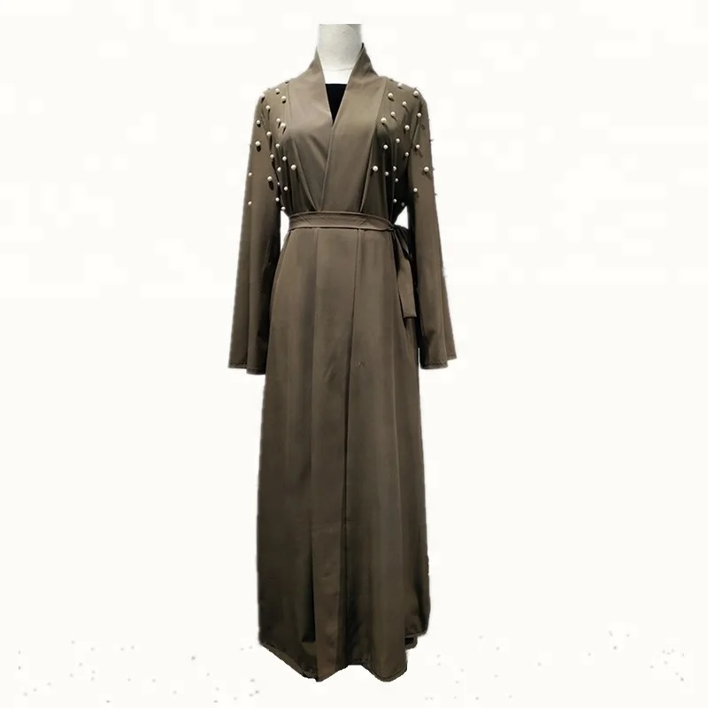 

Fashion pearl front open abaya elegant muslim women shopping online wholesale dress, Black;wine red;army green;light blue;blue;pink