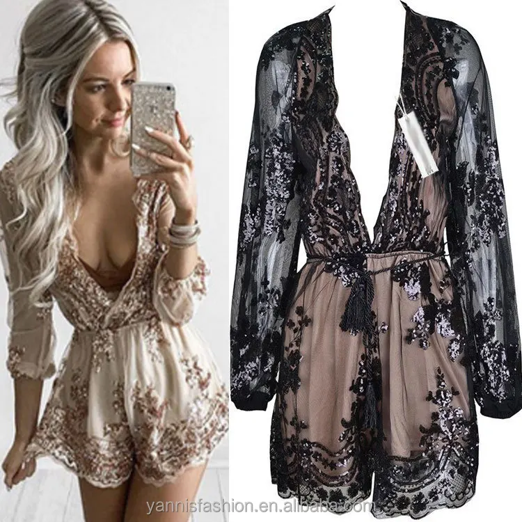 

Gold Sequin Embroidery Elegant Women Jumpsuit Romper Transparent Mesh Long Sleeve Playsuit Women Deep V Neck Combinaison Femme