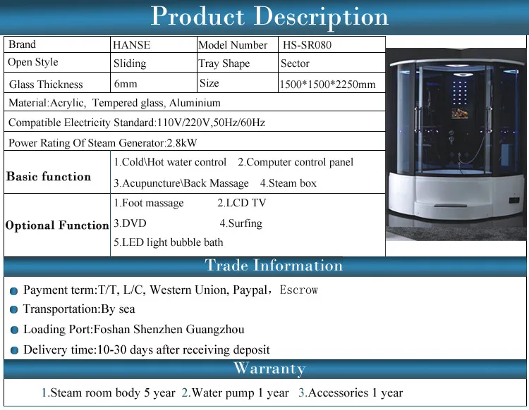 Prefab enclosed massage whirlpool steam room corner bath shower combo