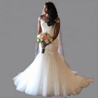 

African Wedding Gowns White Mermaid Design Cap Sleeve Custom Made Applique Wedding Dresses