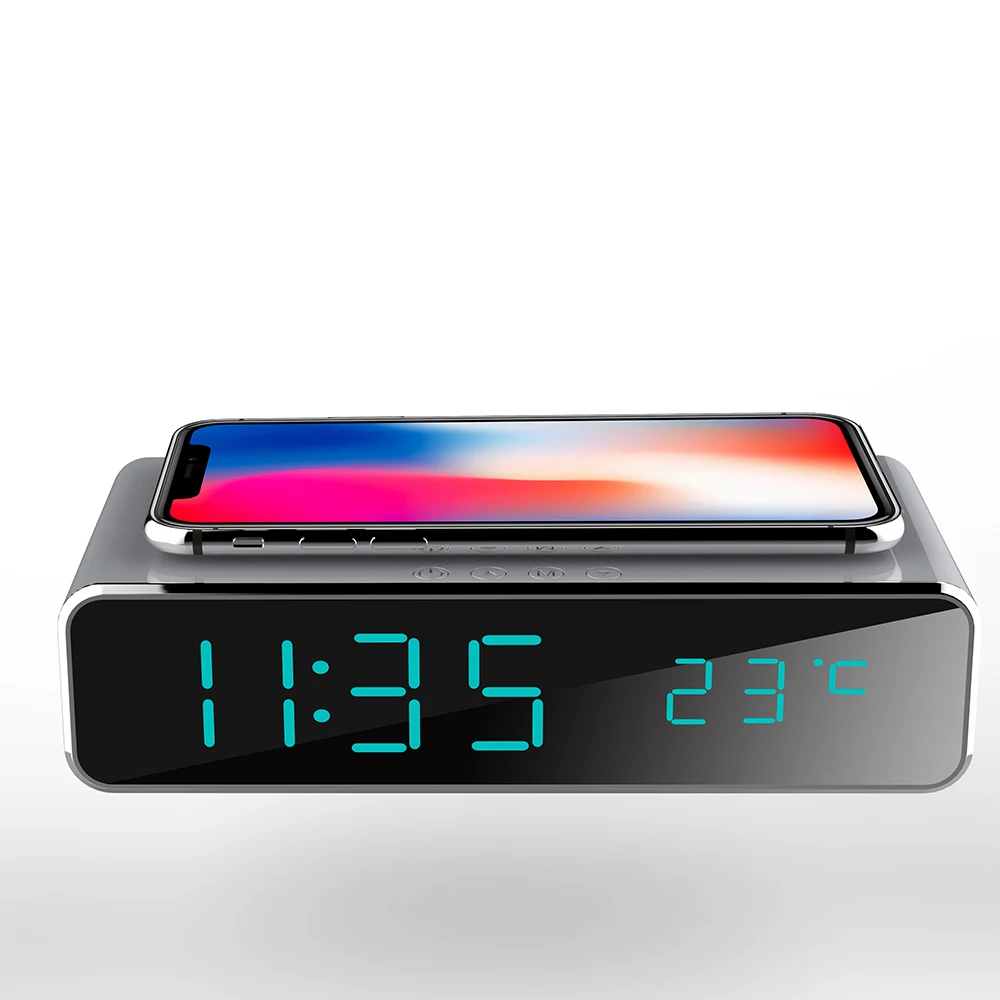 CE FCC ROHS Certificato di regalo del metallo Promozionale Pad caricatore clock speaker Tempo di Visualizzazione della Temperatura di allarme orologio caricatore senza fili - ANKUX Tech Co., Ltd