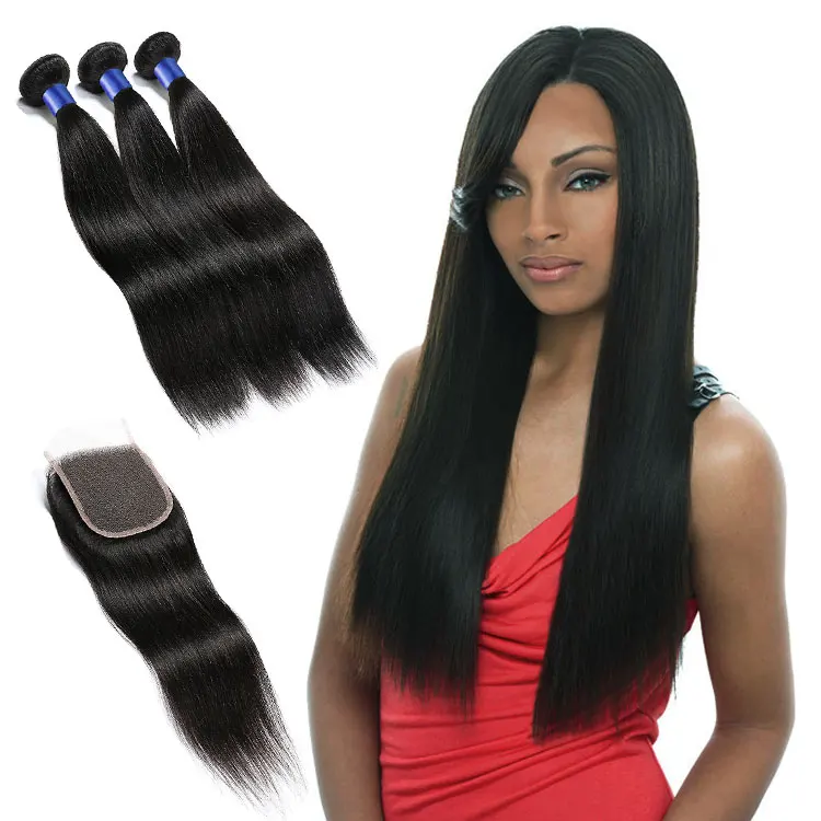 

Perfect For One Head, 50% Promotion Price Straight 3pcs Human Hair weave with Lace Closure, #1b or as your choice