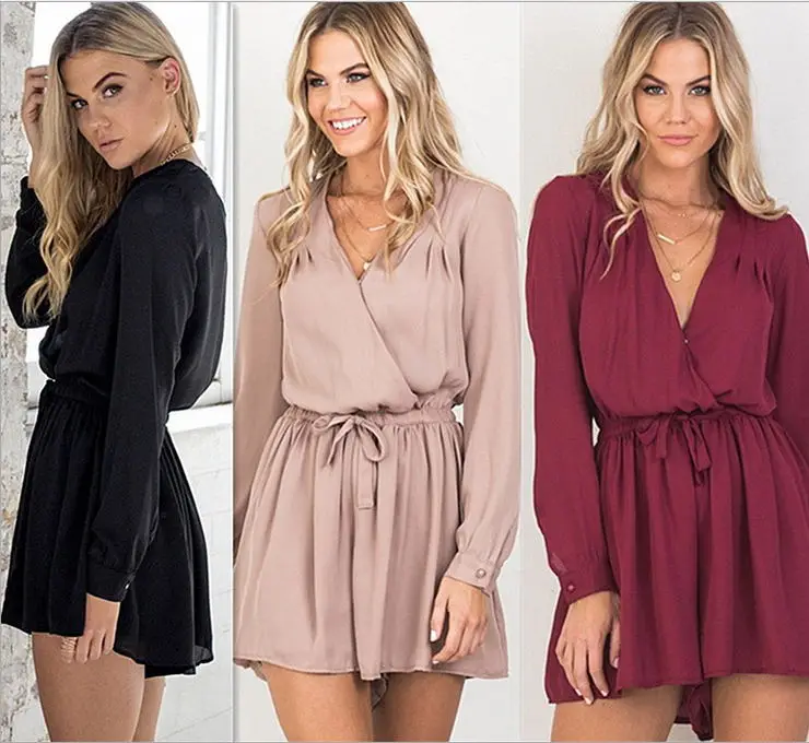 

Women Romper Solid Color Long Sleeve Deep V Neck Playsuit Drawstring Elegant Streetwear Sexy Casual Chiffon Jumpsuits, Red/black/pink
