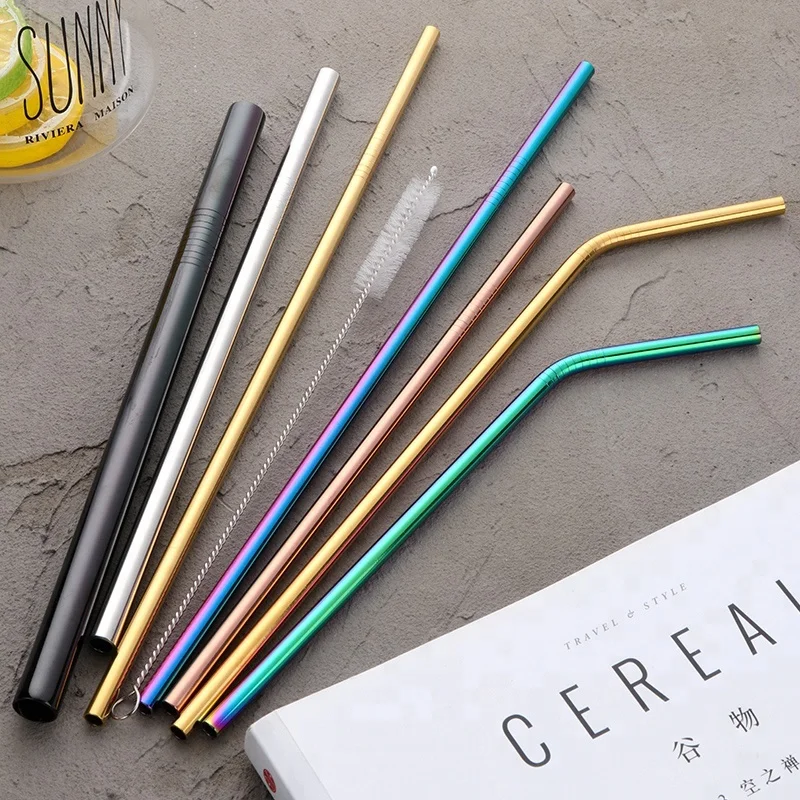 

Buyer star titanium metal stainless steel reusable drinking straw with brush, Silver/ gold/ color plated