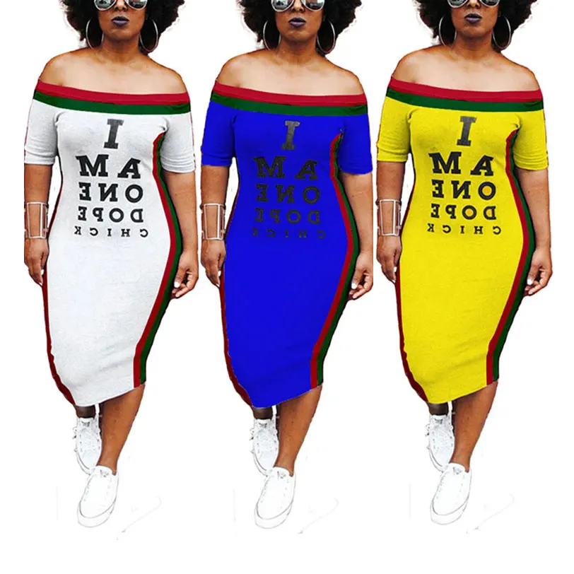 

90305-MX75 4 Colors Letter Series Girls Tight Off Shoulder Dresses