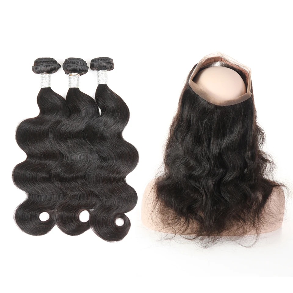 

Brazilian Human Hair Extensions Weave 3 body wave Bundles with 1 lace closure, hair bundles with silk base 360 lace closure