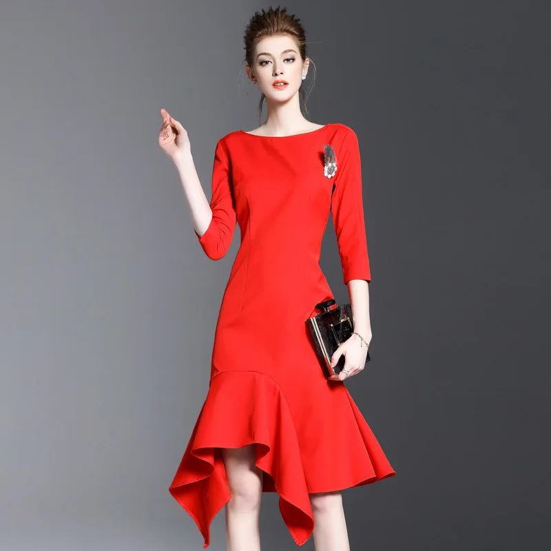 

STKKOO Europe America Women Fashion Elegant O neck Three Quarter Sleeve Irregular Bottom Slim Professional Long Dress, Red