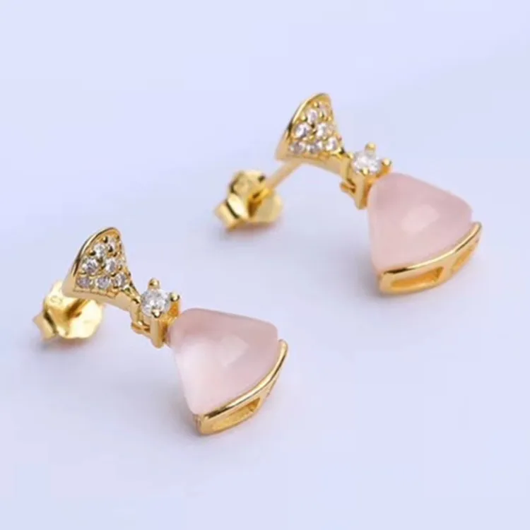 

Wholesale pink gem wedding jewelry pure 925 Sterling Silver 18k yellow gold plated 8mm natural rose quartz stud Earring