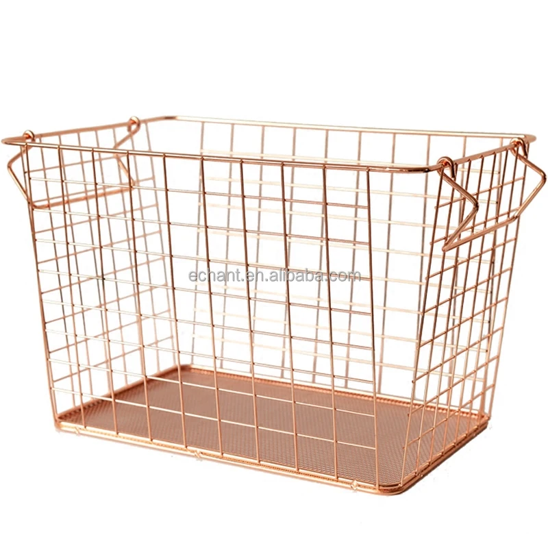 
Low price Large capacity Rectangle Rose Gold Copper Decor Wire Metal fruit laundry toy small Storage Basket stand 