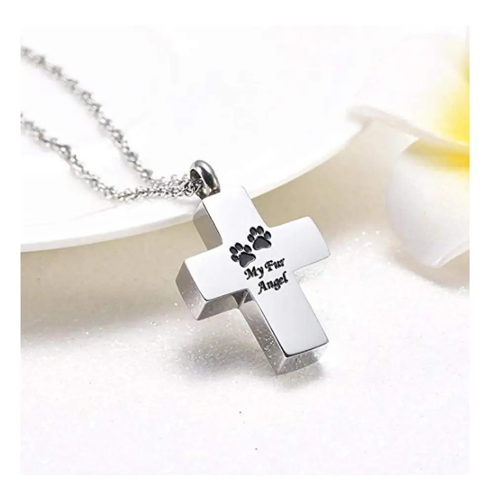 

Stainless Steel Cross Pet Paw print Pendant Memorial Urn Necklace for Ashes Cremation Keepsake Jewelry, Silver