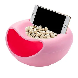 Image of Bpa free reusable double layer container fruit nut candy storage box snack bowl with phone holder