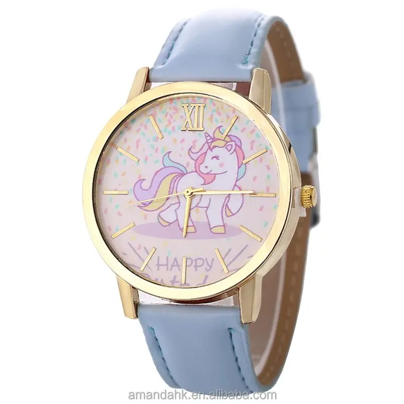 

Trending Style Lady Watch Wholesale 5 Colors Happy Unicorn Leather Belt Watch Alloy Quartz Wristwatch For Women Girls