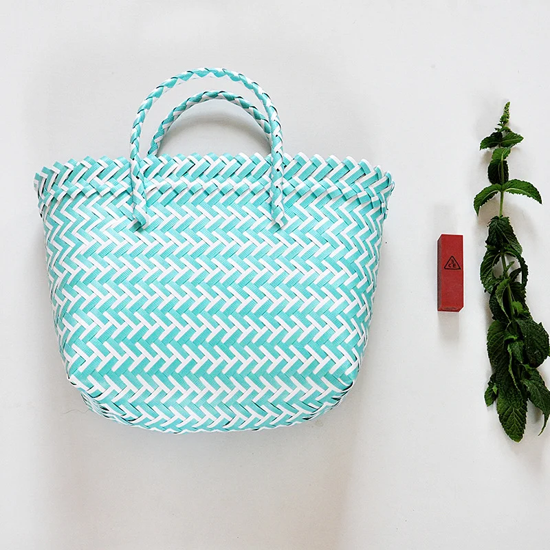 

Handmade Beach Shopping Blue Black Large Plastic Knitting Tote Bag Stripy Handbag, Green or black