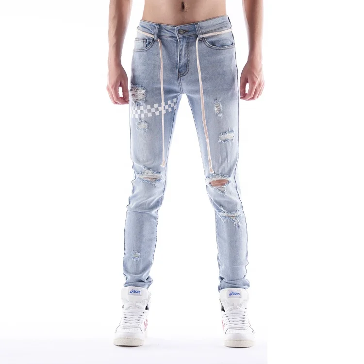 

DiZNEW Fashion street style skinny distressed stretch denim pants trousers men