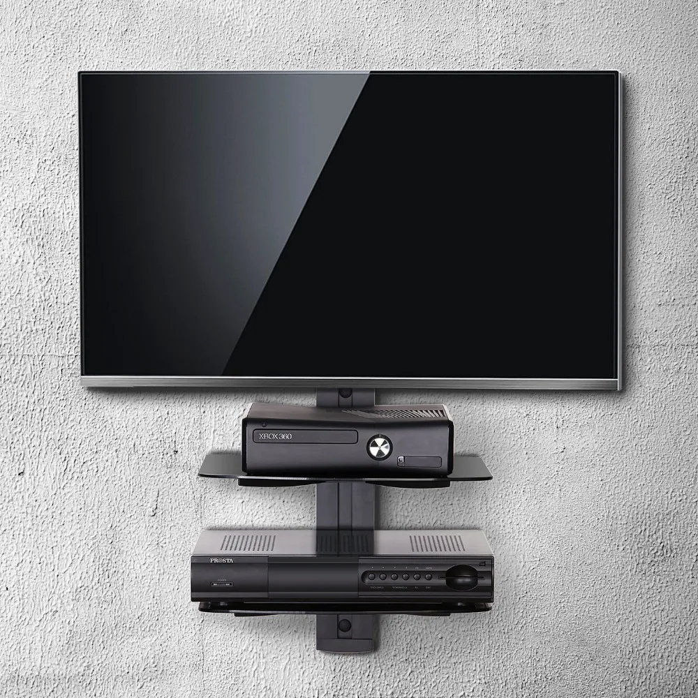2 Tiers Av Shelf Wall Mount Shelves Black Bracket Stand Cable 2 Tiers Av Shelf Wall Mount Shelves