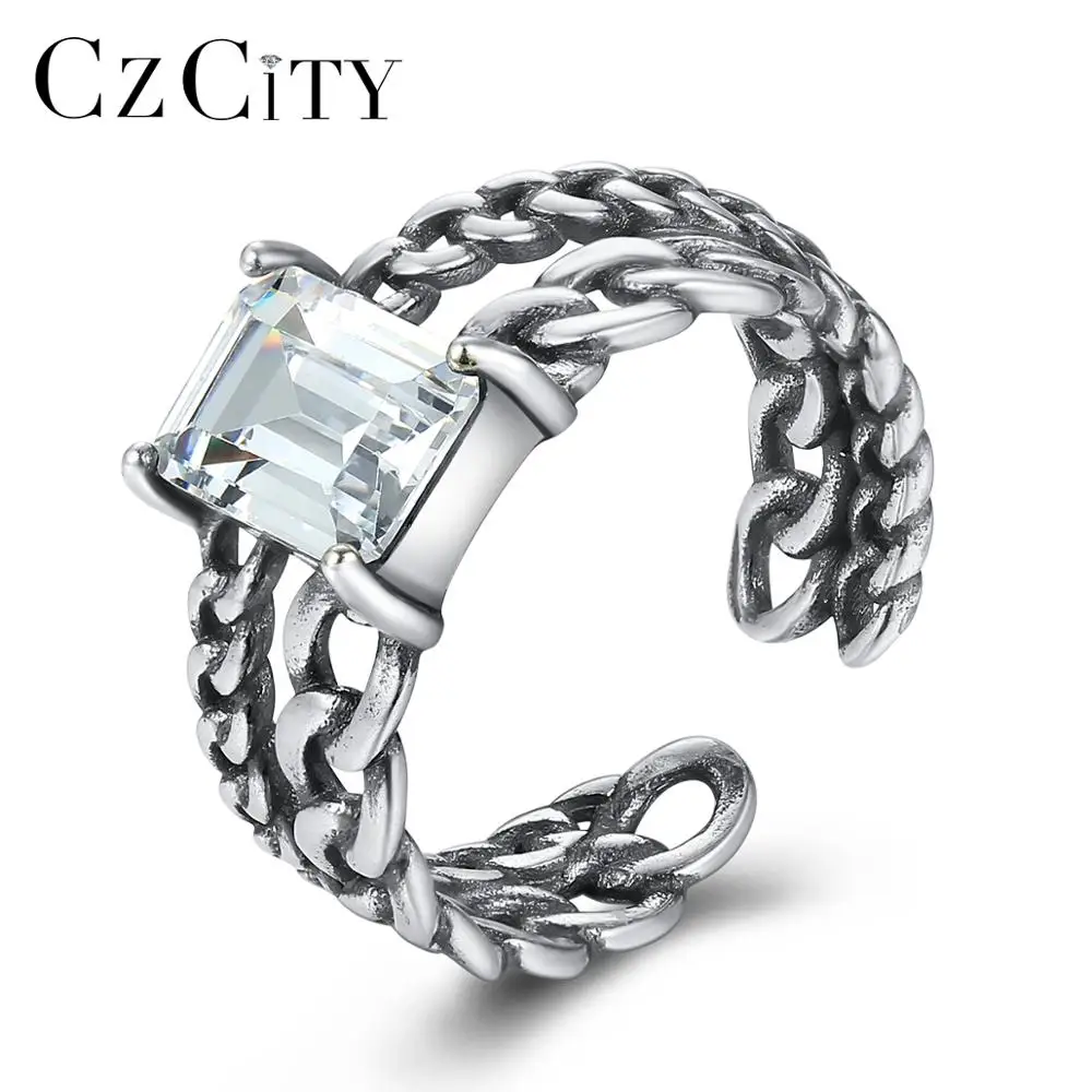 

CZCITY Vintage Silver Ring Transparent Cubic Zirconia 925 Sterling Silver Black Adjustable Ms. Engagement Ring