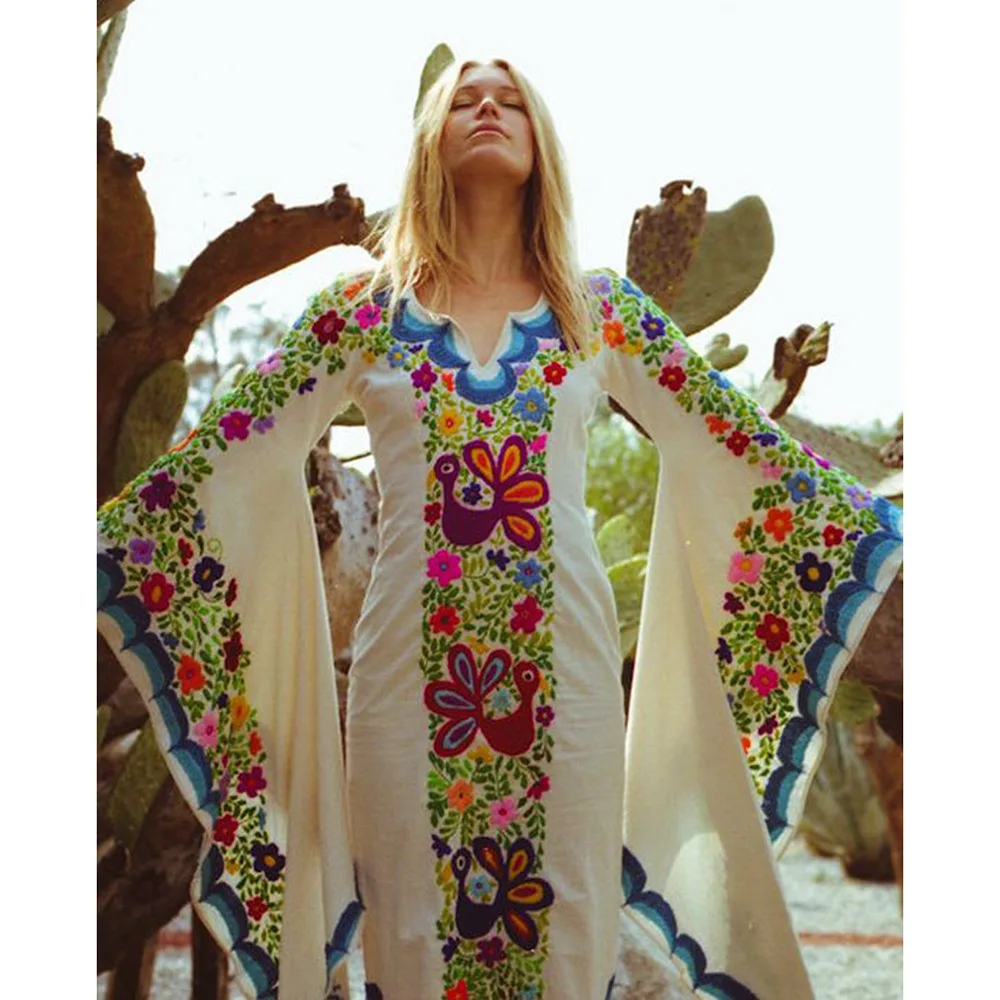 

woman bat sleeve girls sexy V neck embroidery overall boho bohemian dress long maxi beach dress clothing robe long split dress
