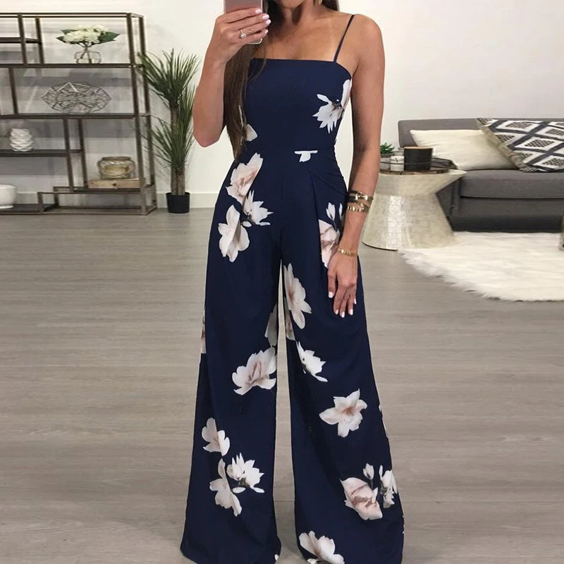 

LZ0408 Floral Spaghetti Strap Wide Leg Jumpsuit women