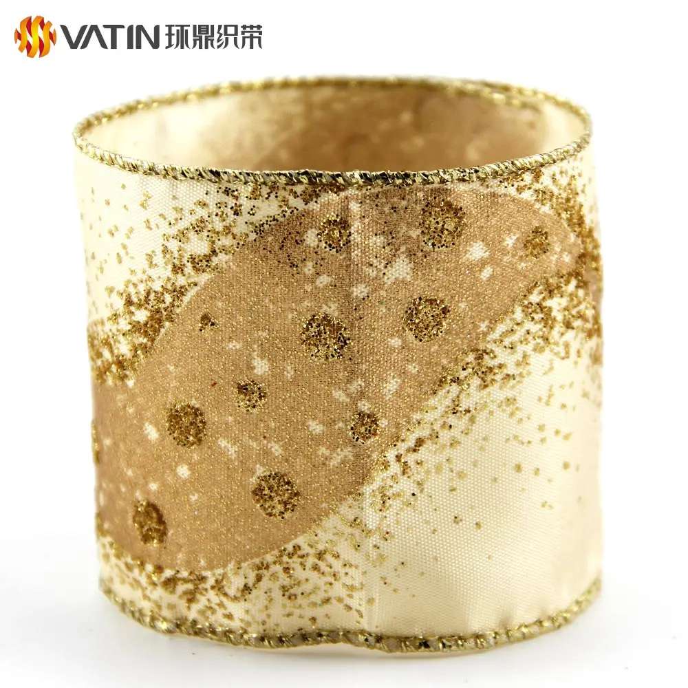 63mm Wide Beautiful Christmas Gift Wrapping Glitter Dazzled Star Pattern Wired Satin Ribbon