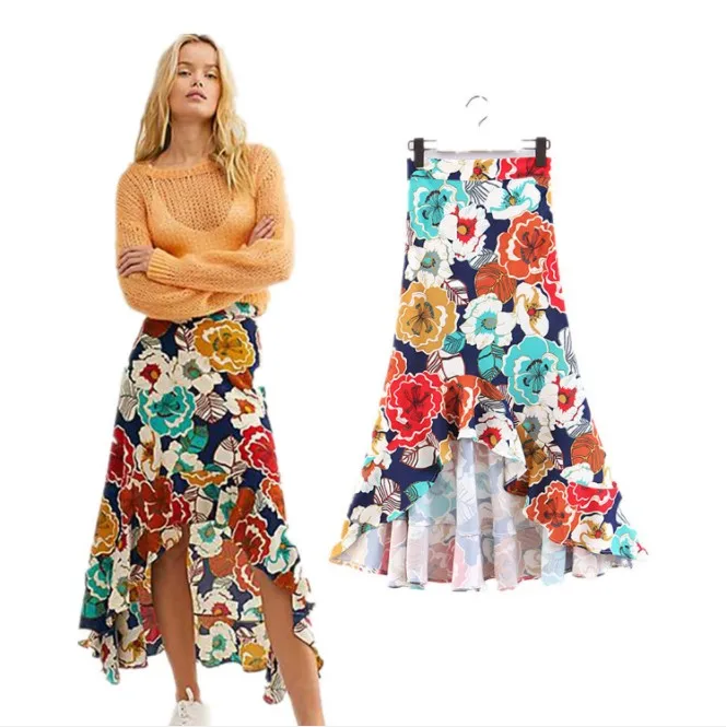 

Dongguan Factory OEM Clothing Low MOQ Chiffon Floral Printed Maxi Long Wrap Skirts for Women, Mixed/customize