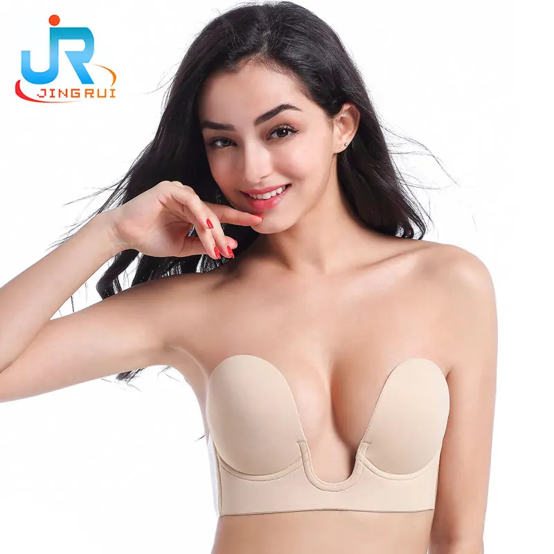 

Hot selling sexy lady push up adhesive deep U silicone bra, Nude