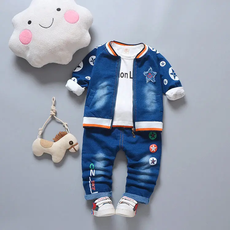unique design jean 3 pieces applique star unisex set with super quality