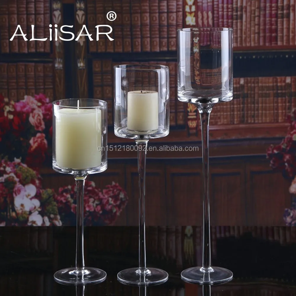 European Style Hand Blow 3 Clear Glass Longstemmed Candle Holder