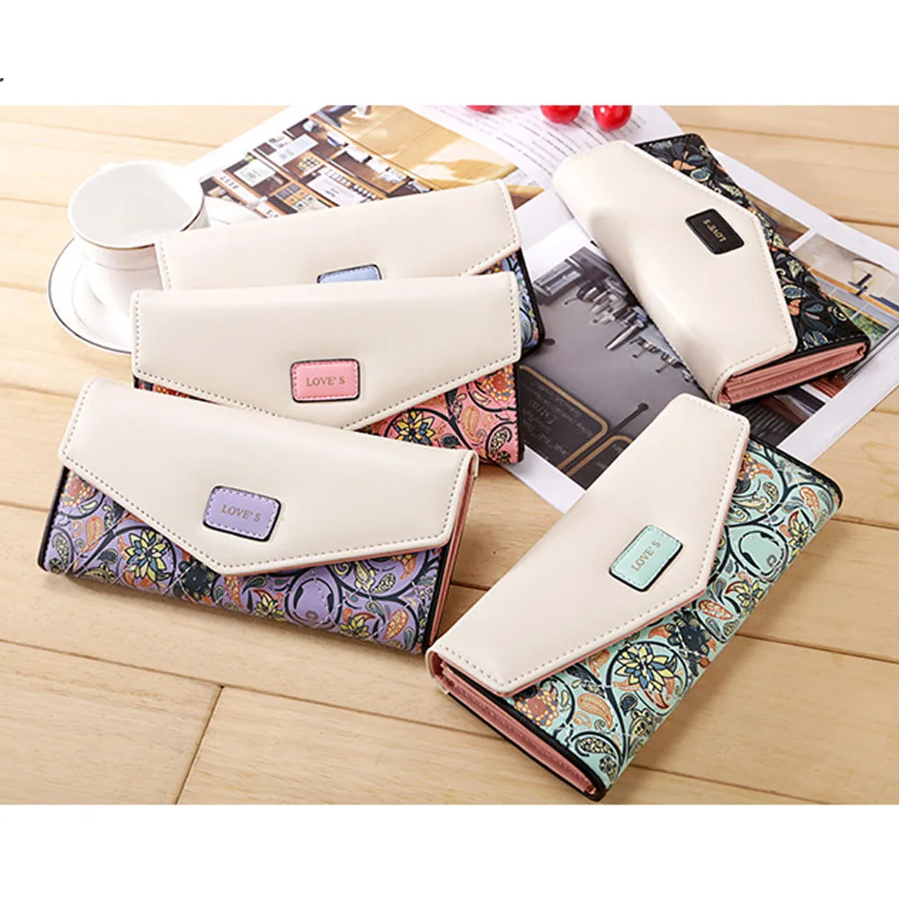 

Fashion Women Long Purse Pastoral Small Flowers Contrast Color Envelope Wallet For Lady, 5 colors