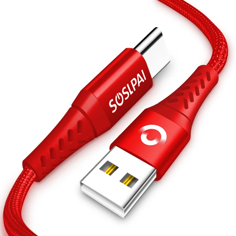 

SOSLPAI 2019 hot selling nylon style usb to Type-C cable 2.1A fast charging Radium carving universal USB mobile phone data cable, Red