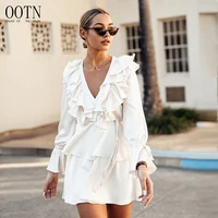 

OOTN 2019 V Neck Loose Ruffle Female Sundress Tunic Fashion Women Long Sleeve Autumn Winter Casual Dress White Mini Short Dress