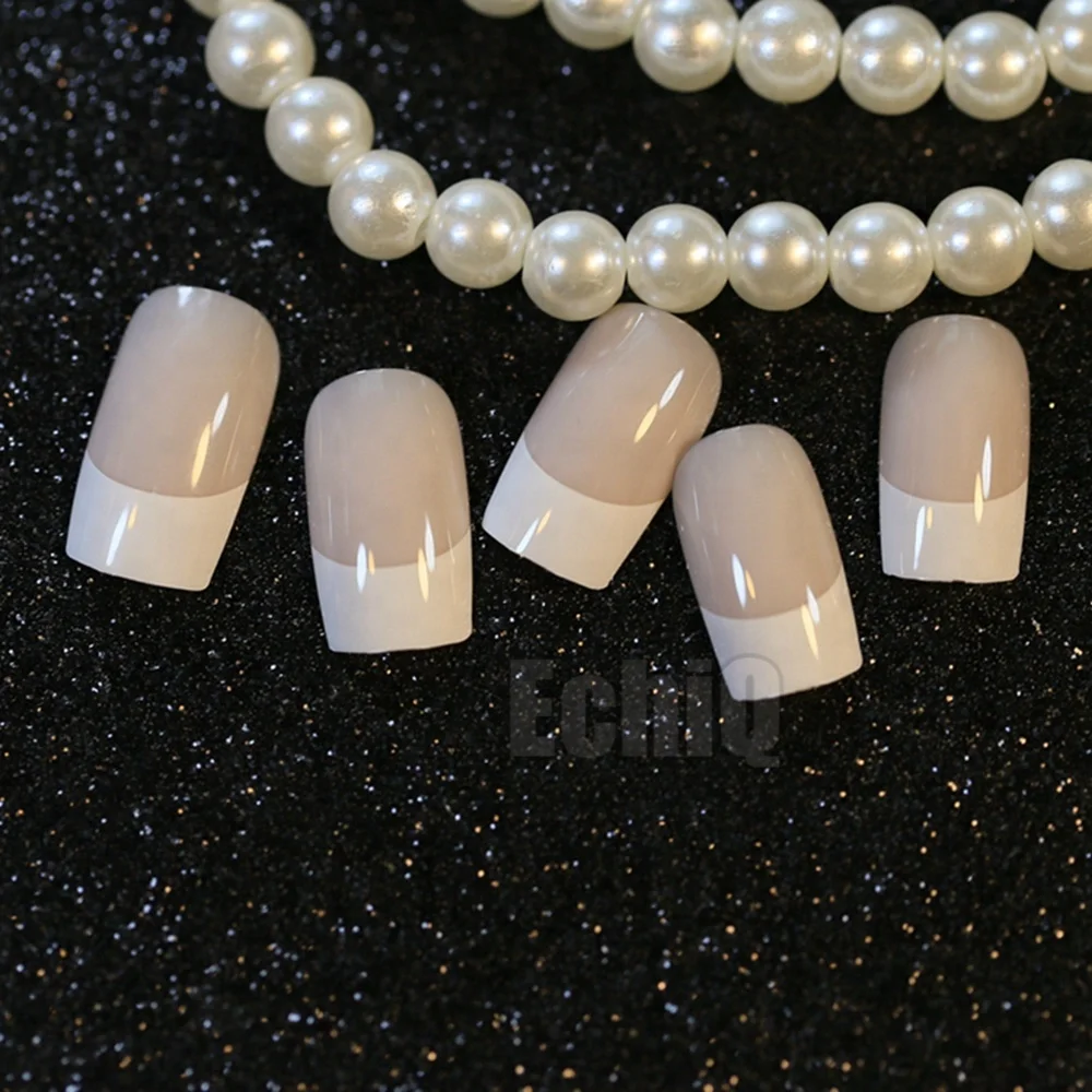 

24pcs Flat Top White French Nails Glue on Nails Beige False Nail Tips Long Size Z203, Natural