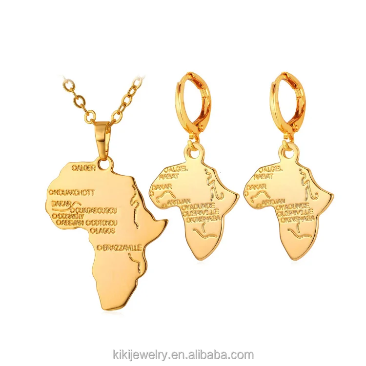 

Hot Africa Map Necklace Set Women Trendy Gold/Silver Color Pendant Necklace Earrings African Jewelry Sets