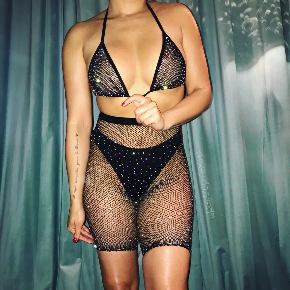 

Women Two Piece Lingerie Fishnet Swimwear Rhinestone See Through Clubwear Bikini Top and Shorts Set, Different color for you choose