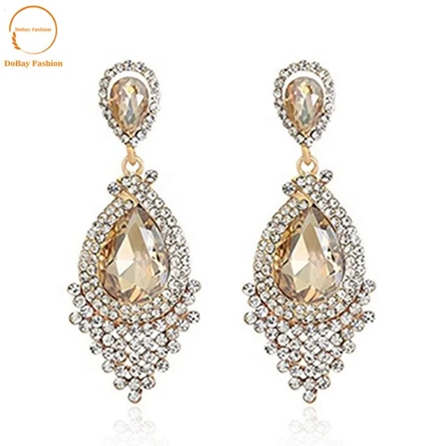 Bohemian Crystal Bridal Chandelier Hollow Teardrop Dangle Stud Earrings for Women  Gold Plated