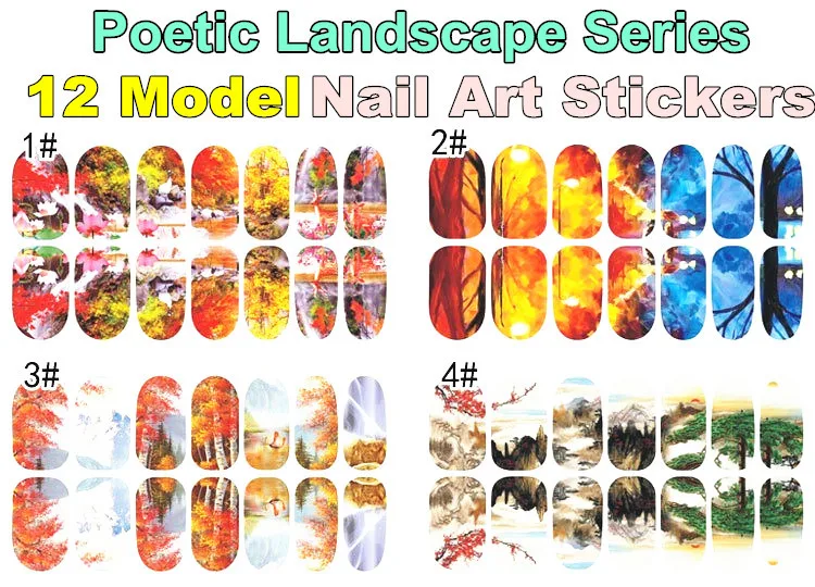 Poetic Landscape Art Nail Sticker 12 Model 14pcs set Decals Summer style makeup gel polish beauty