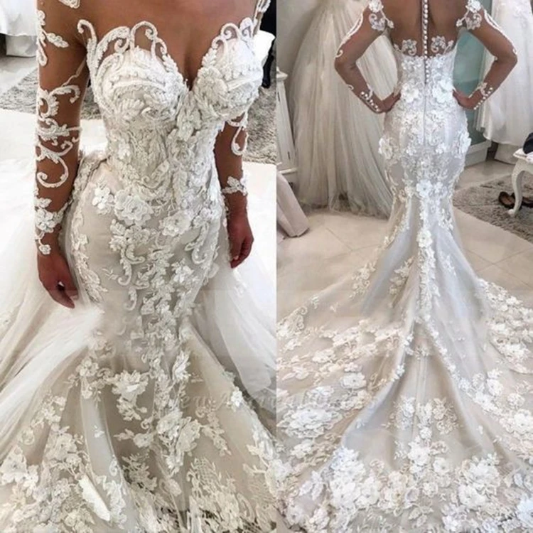 

#6642 Lace Long Sleeve Illusion Luxury Beaded Mermaid Modern African Wedding Dresses Wedding Gowns 2020 With Detachable Train, Ivory/champagne