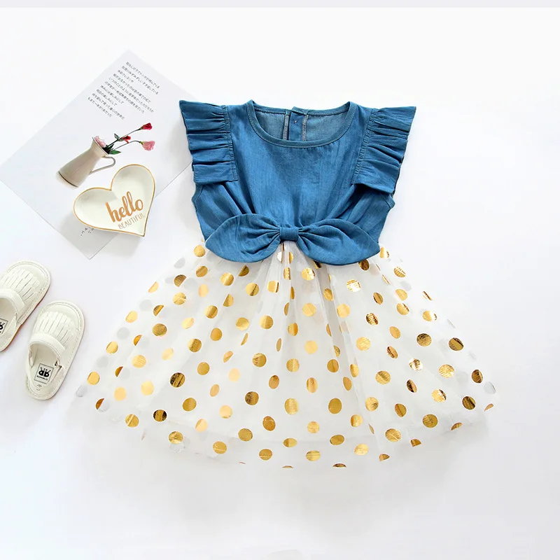 

Summer Toddler Girl Princess Sleeveless Denim Dress kids girls Dot Print Lace bow Tulle Sundress clothes, As picture